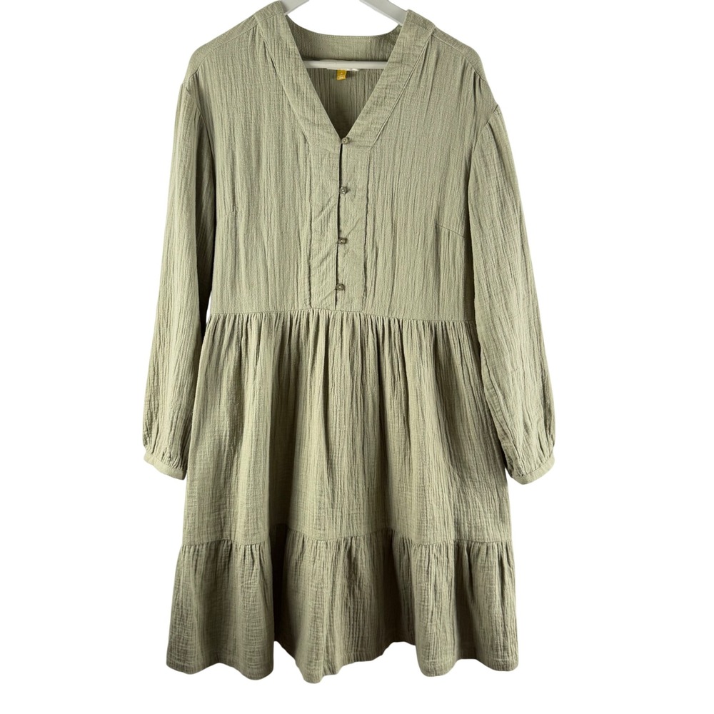 Cottagecore Sage Green Cotton Gauze Tiered Babydoll Dress Long Sleeve Boho Sz S‎